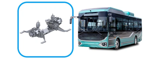 E-Axle powertrain installed on an electric bus illustrating integrated motors and power electronics E-Axle powertrain installed on an electric bus illustrating integrated motors and power electronics